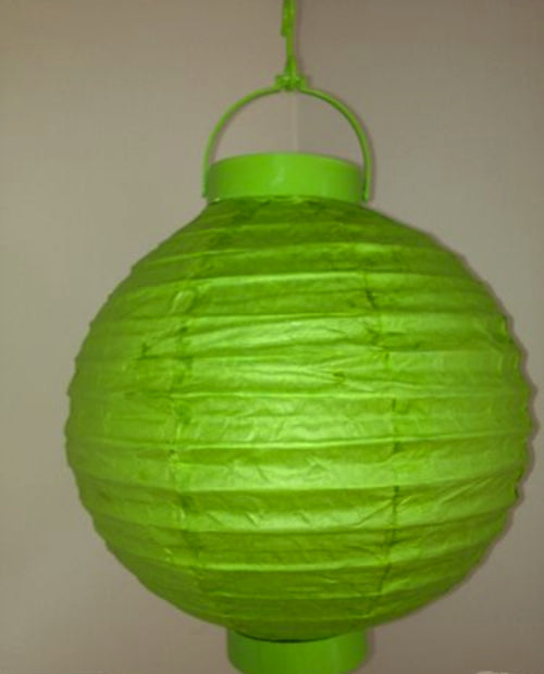20cm green paper lantern with LED light, perfect for events, battery-powered, versatile for hanging or table centerpiece.