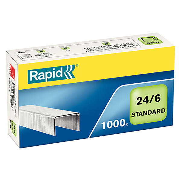 Durable Rapid Staples 24/6mm in a box of 1000, designed for easy stapling up to 20 sheets with comfort and precision.