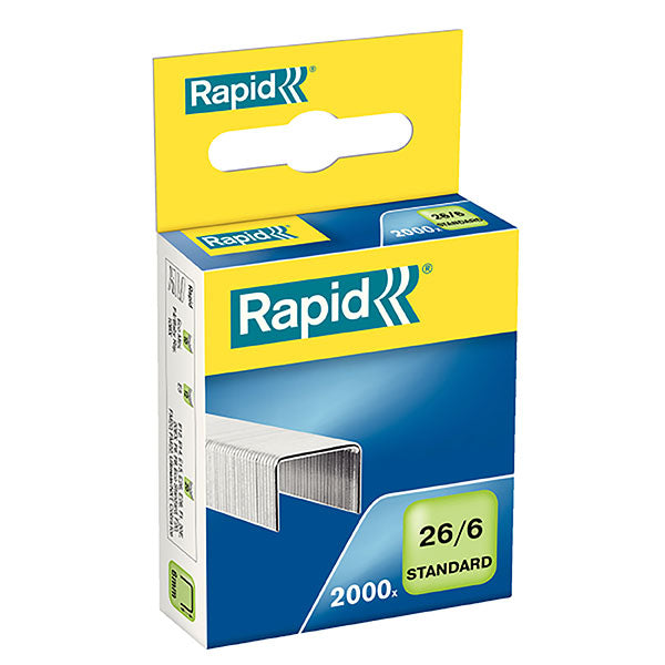 Premium Rapid Staples 26/6mm in a box of 2000, designed for reliable stapling of up to 20 sheets.