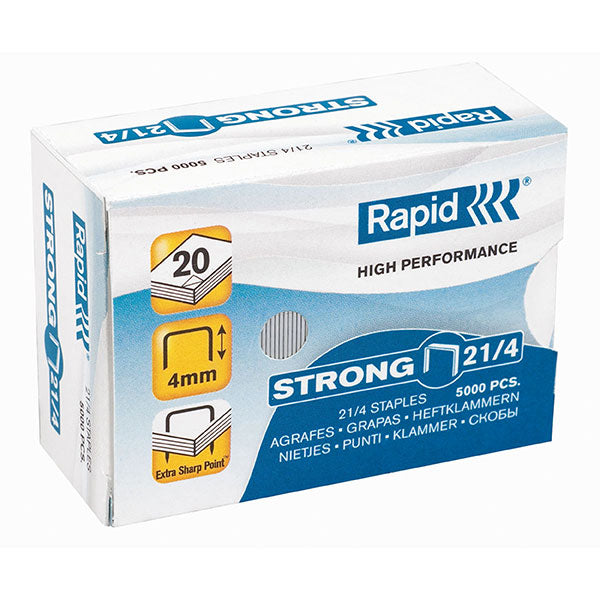 Premium Rapid 21/4mm staples in a box of 5000, designed for strong performance and neat stapling of up to 15 sheets.