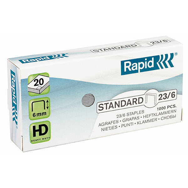 Box of 1,000 Rapid Staples 23/6mm, ideal for stapling up to 20 sheets with sharp edges for clean, efficient results.