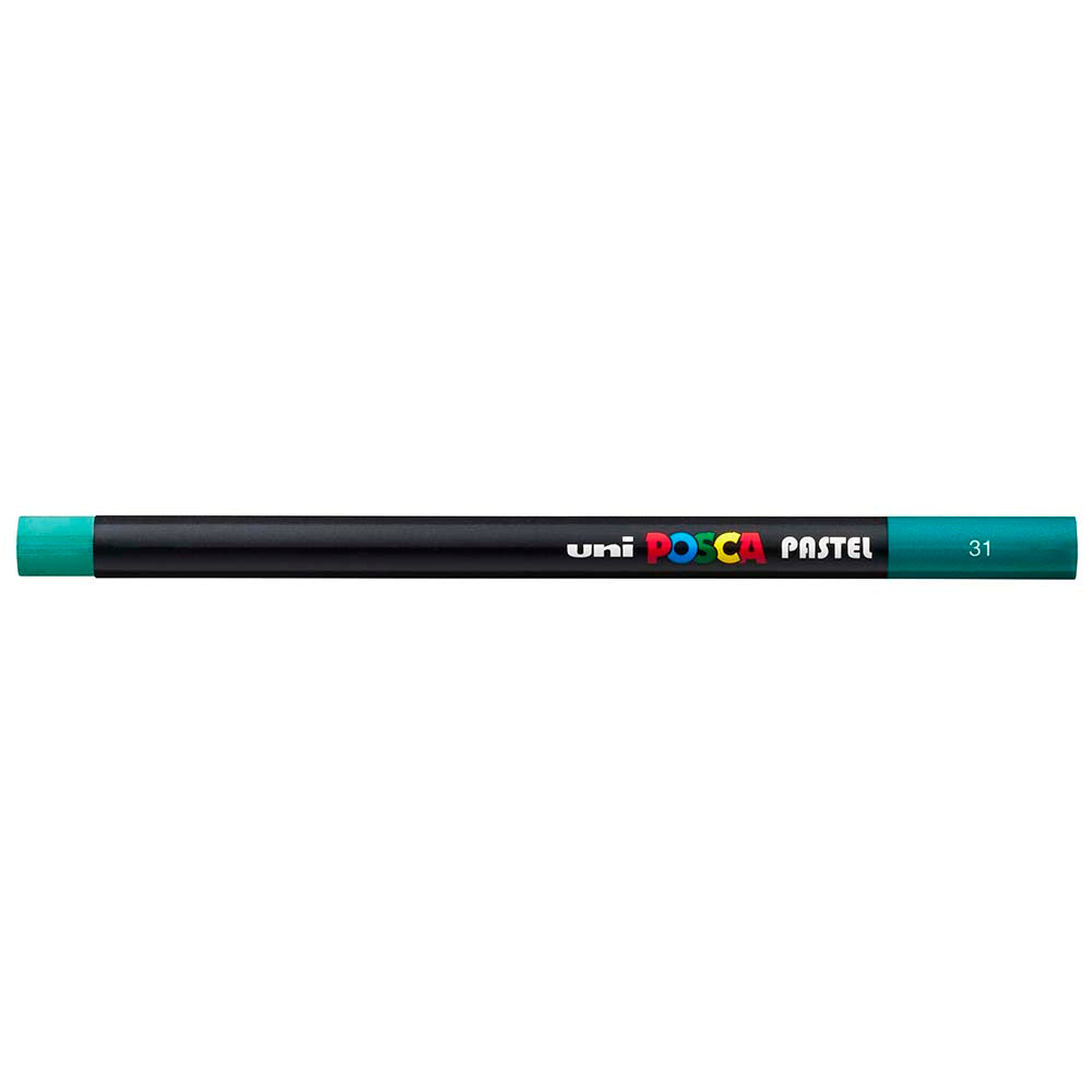 Uni Posca Pastel Emerald Green stick, vibrant color for versatile art on various surfaces with a smooth finish and minimal residue.