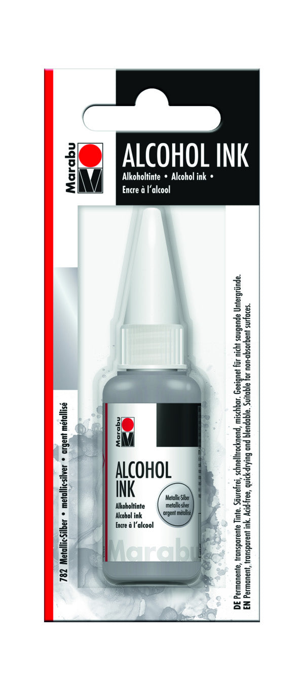 Metallic silver alcohol ink in a 20ml bottle, ideal for fluid painting and creating stunning effects on various surfaces.