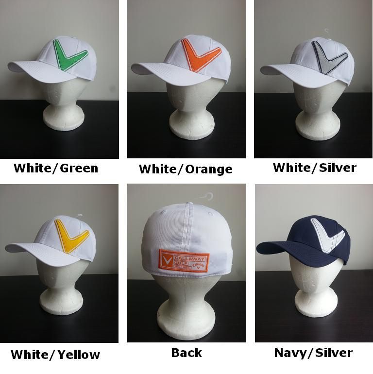 Callaway Side Chev Fitted Cap in White/Green, featuring Tactel fabric for comfort and a sleek, structured design.