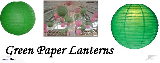 Bright green 12" paper lanterns, pack of 10, perfect for weddings and parties, with bamboo ribbing and light bulb clips.