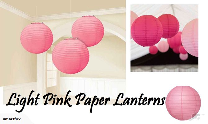 Light pink 8" paper lanterns, set of 10, ideal for parties and weddings with bamboo ribbing and rice paper.