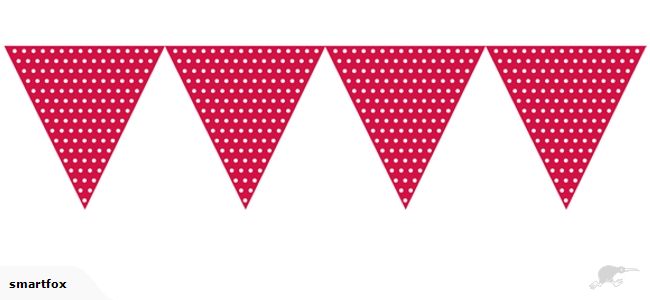 Vibrant red dot bunting flags, 2.7m long, perfect for parties and events, made of durable cardboard, strung on fabric rope.