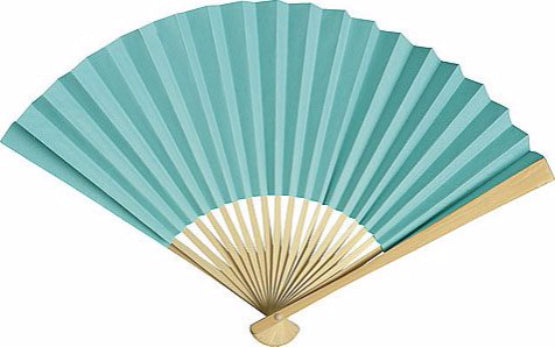 Light blue paper hand fans with bamboo frames, perfect for summer events and stylish decor; pack of 10 for clearance sale.