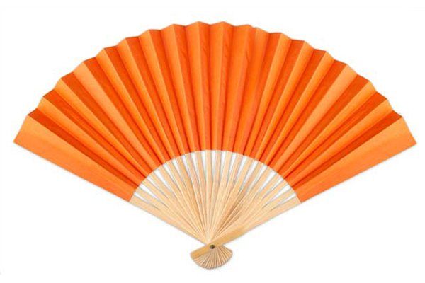 Vibrant orange paper hand fans in a pack of 10, perfect for summer cooling, parties, and DIY crafts.