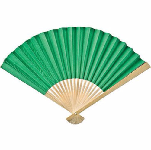 Elegant green paper hand fans with bamboo frames, perfect for summer events, weddings, and DIY décor; pack of 10.