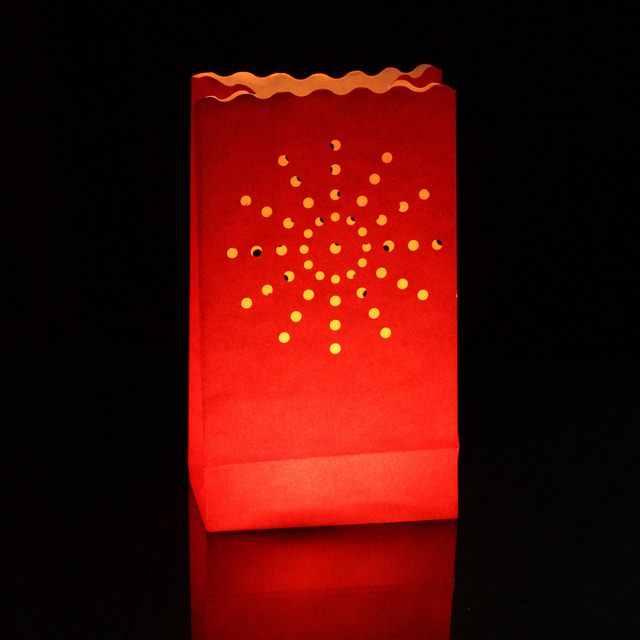 Red lantern candle bags with sunburst design, perfect for romantic events, weddings, and festive gatherings. 10 per pack.