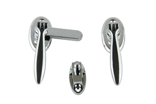 Zinc French door fastener in chrome plating, enhancing security and style for timber bi-fold doors, 61 x 85 x 26 mm.