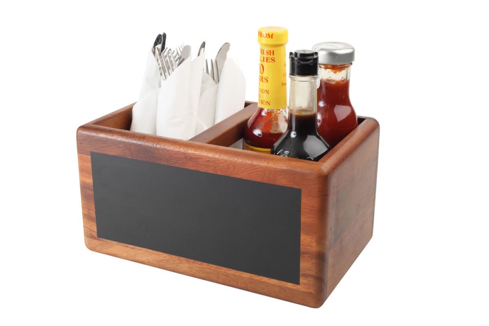 Acacia wood table caddy with chalkboard, holds condiments and napkins; features 'Food Glorious Food' for a rustic touch.