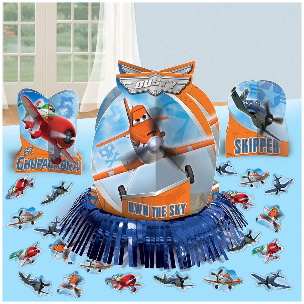 Colorful Planes Table Decorating Kit with large orange centerpiece, blue fringe, and character cutouts for aviation-themed parties.