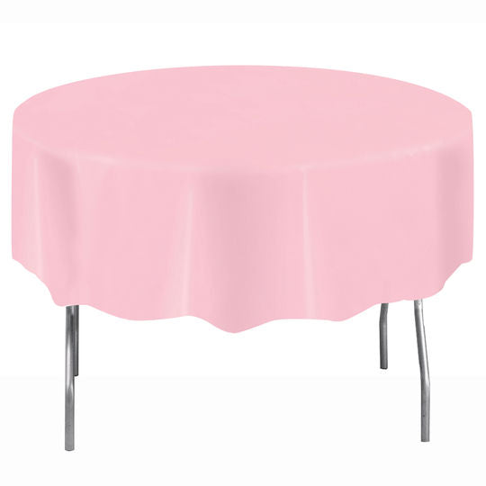 Round pink table cover, 84 inches, perfect for parties and weddings, durable plastic ideal for stylish decor and easy clean-up.
