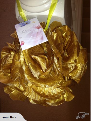 15cm gold rose ball with silk flowers and hanging ribbon, perfect for elegant event decor and floral arrangements.
