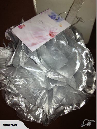 15cm silver rose ball with silk flowers and hanging ribbon, perfect for weddings and event decor.