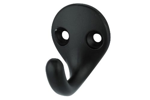 Stylish black powder-coated robe hook made of durable zinc, perfect for hanging towels, robes, or bags in any room.