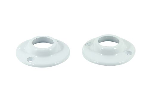 White powder-coated end flanges for 19mm wardrobe rail, durable zinc construction, sold as a pair for secure installation.