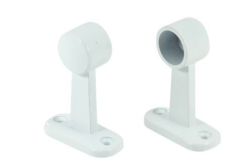 White powder-coated end brackets (pair) for secure towel rail wall mounting, made of durable zinc, 50 x 23 x 69 mm.