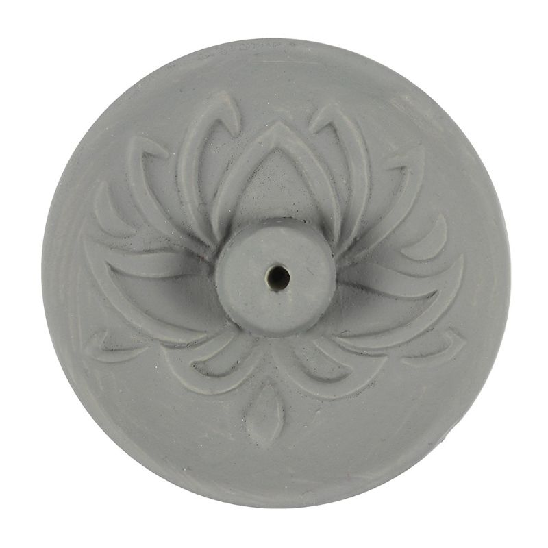 Grey Lotus Terracotta Incense Plate displaying a serene grey lotus design, ideal for enhancing sacred spaces and mindfulness practices.