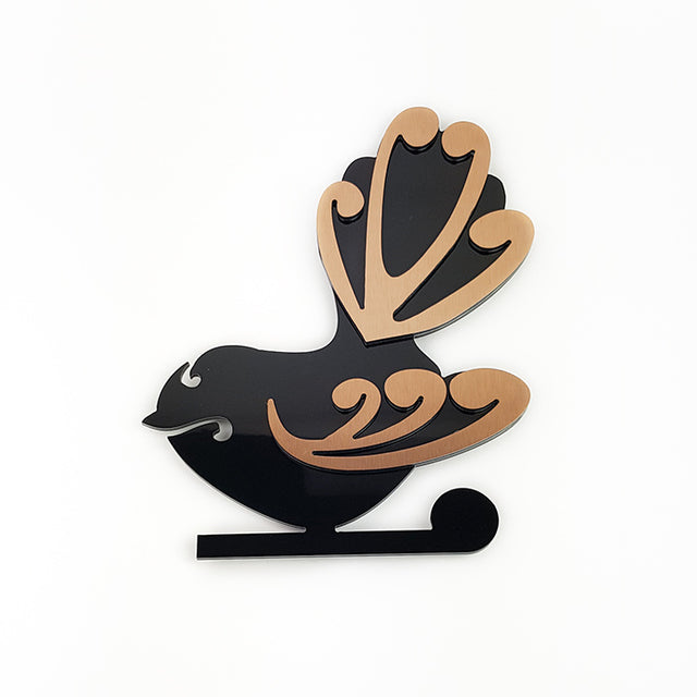 Kiwiana wall art featuring 2 Tone Moko Birds Fantail design, crafted from durable Aluminium Composite for indoor/outdoor use.