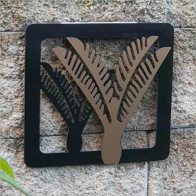 Kiwiana-inspired 2 Tone Rectangle Nikau Art Panels in brushed copper and black, perfect for indoor/outdoor decor.