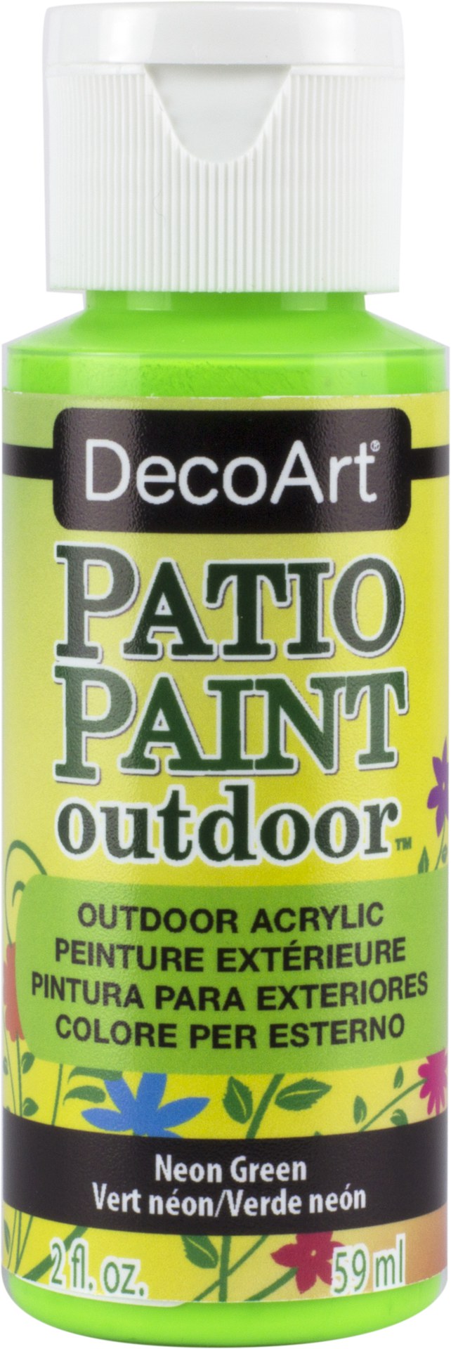 Vibrant neon green patio paint in a 2oz bottle, ideal for enhancing outdoor decor with excellent coverage and durability.