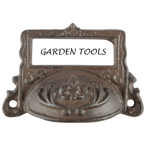 A set of 6 assorted cast iron drawer pulls with label holders, combining vintage charm and functional design for easy organization.