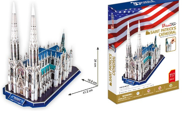 3D puzzle of Saint Patrick's Cathedral capturing its 43-meter spire, made of high-quality materials, 117 pieces, for ages 8+.