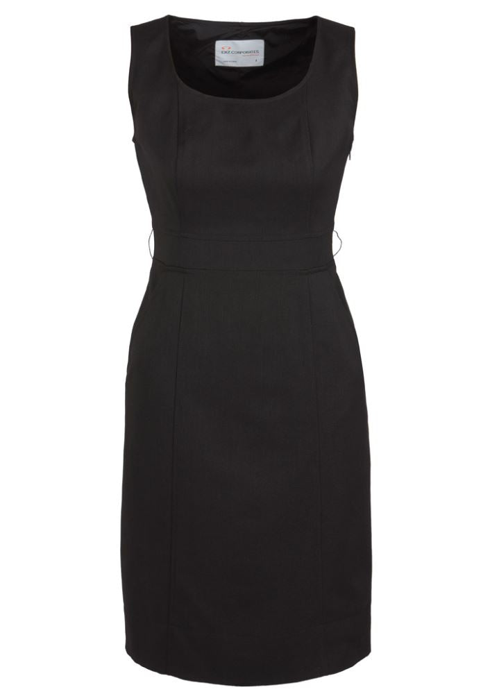 Elegant black sleeveless dress in size 12, featuring deep pockets, concealed zip, and rear split, perfect for any occasion.