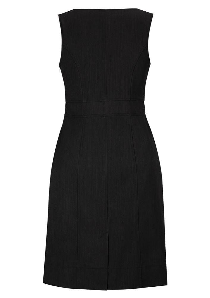 Ladies stylish sleeveless black dress, size 8, featuring pockets, concealed zip, and a flattering split for ease of movement.