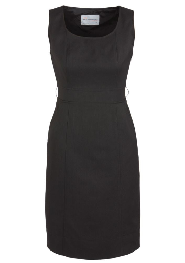Ladies sleeveless charcoal dress with deep pockets, concealed zip, and split for movement; chic and versatile for any occasion.