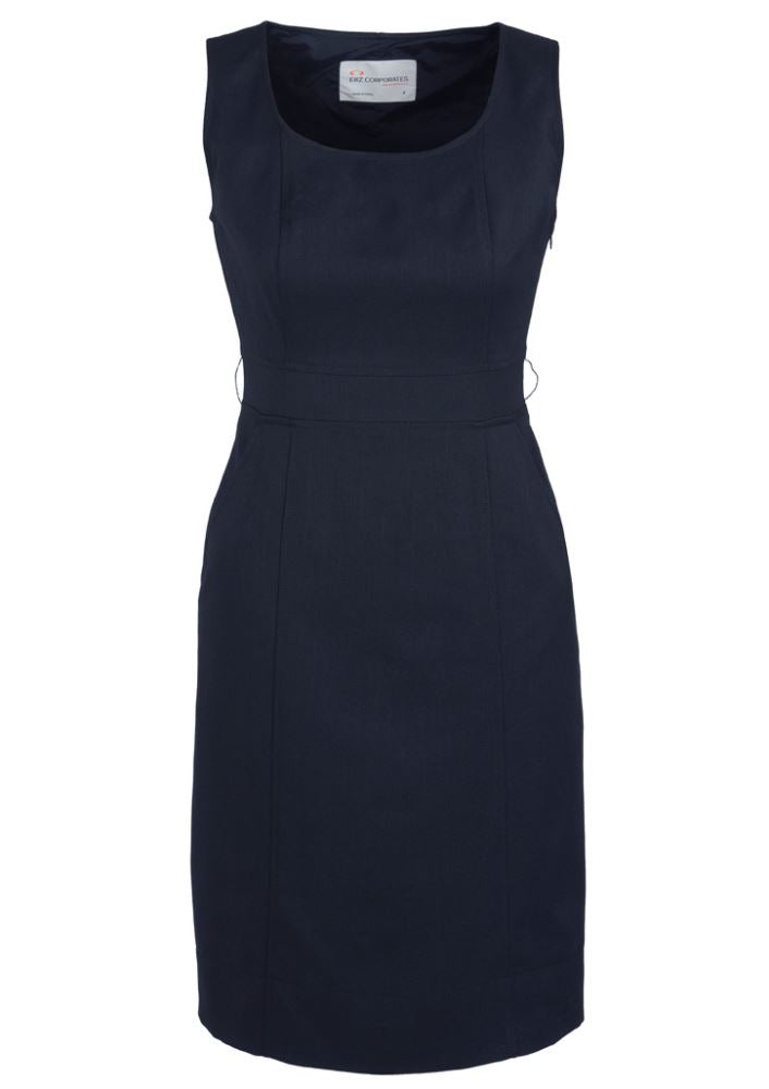 Stylish navy sleeveless dress size 20 with deep pockets, concealed zip, and rear split for comfort and elegance from Biz Collection.
