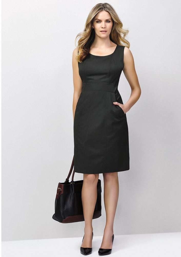 Stylish charcoal sleeveless dress with deep pockets, concealed zip, and rear split for comfort, perfect for various occasions.