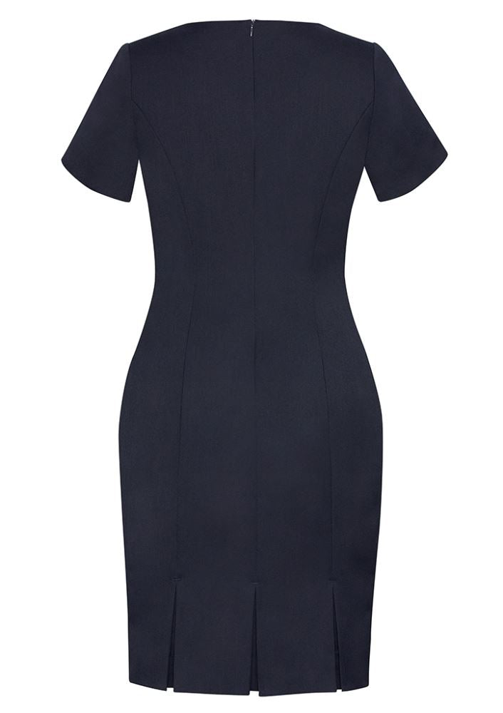 Navy short sleeve dress with pleats, zip closure, and lined back for versatile style and comfort, available in sizes 4-22.