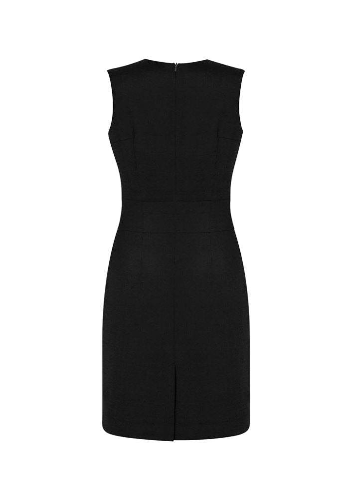 Ladies sleeveless black V neck dress from Biz Collection, featuring concealed back zip, pockets, and above-knee length.