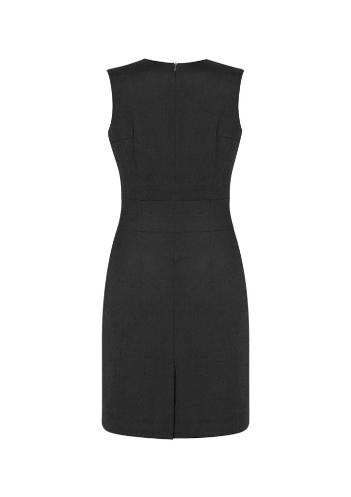 Elegant charcoal sleeveless V neck dress with concealed zip and pocket, perfect for casual or professional wear.