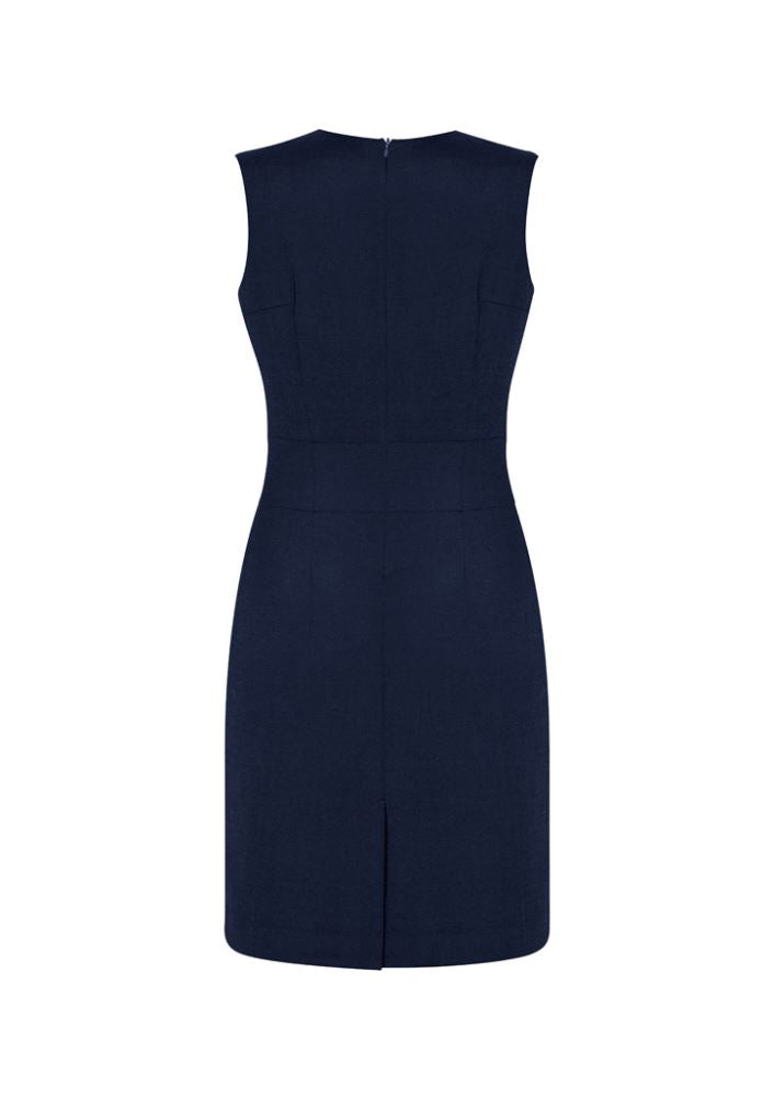 Navy sleeveless V neck dress from Biz Collection, featuring a flattering silhouette, concealed zip, and convenient pocket.