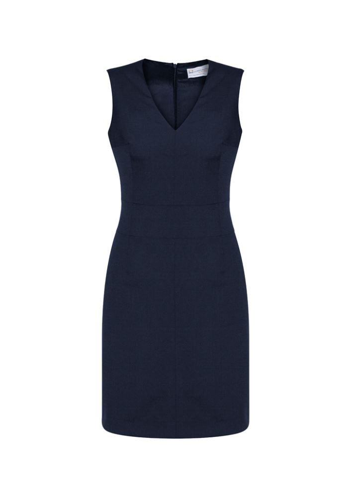 Navy sleeveless V-neck dress with concealed zip and pocket, made from 92% polyester, stylish for any occasion.