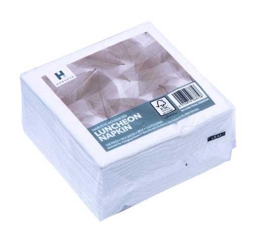 White 2-ply napkins, soft and absorbent, perfect for parties and events; pack of 300, each quarter-folded.