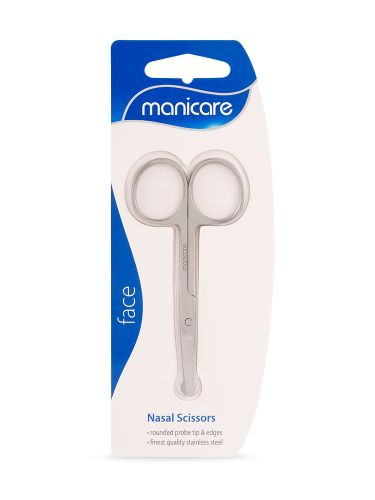 Manicare Nasal Safety Scissors with rounded tips for safe trimming of nasal and ear hair, crafted from high-quality stainless steel.