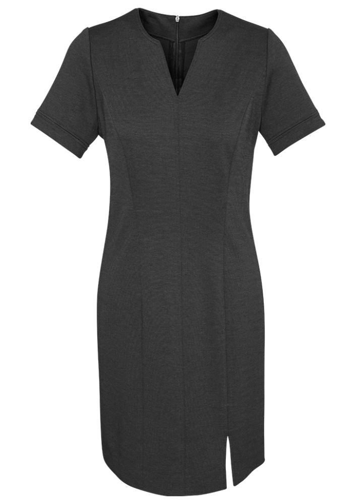 Ladies Open Neck Dress in charcoal, featuring a drop V-neck and stylish asymmetrical hem, perfect for versatile occasions.