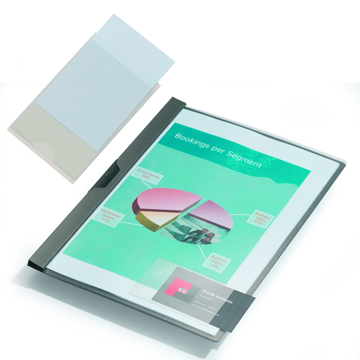 High-quality self-adhesive pockets for organizing files and personalized business card display.