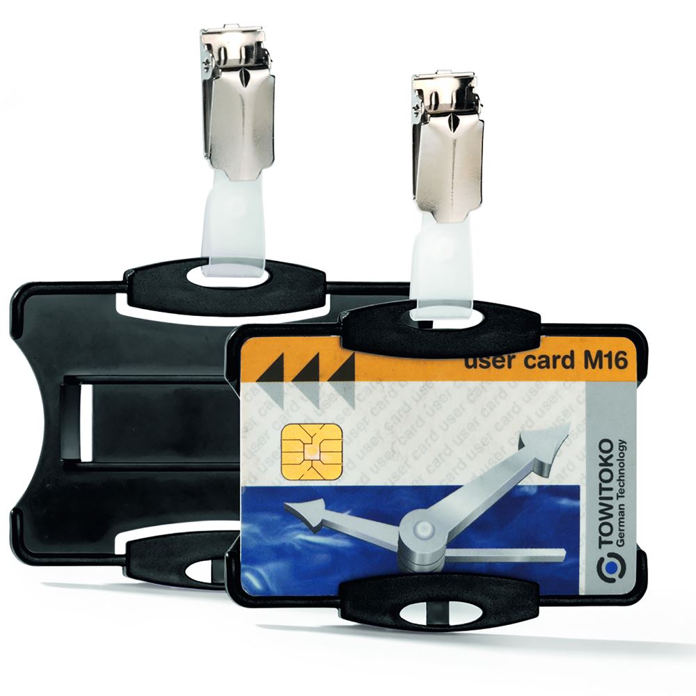Durable badge holder with clip for ID and magnetic cards, flexible for portrait or landscape use, 54x85mm size.