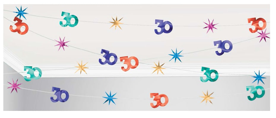Vibrant 30th string decoration, 100 feet long, features shiny metallic numbers for festive birthday or anniversary celebrations.