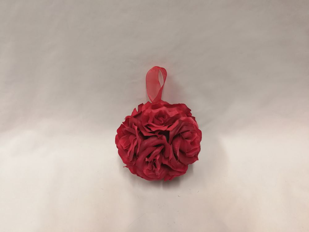 Elegant 15cm red silk rose ball with looped ribbon, perfect for weddings and festive decorations.