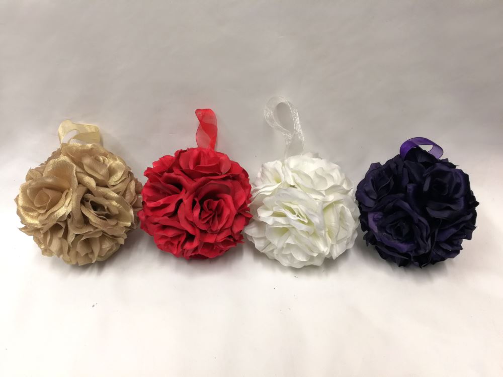 Vibrant red 15cm silk rose ball, elegantly crafted for weddings and decor, featuring a looped ribbon for easy hanging.