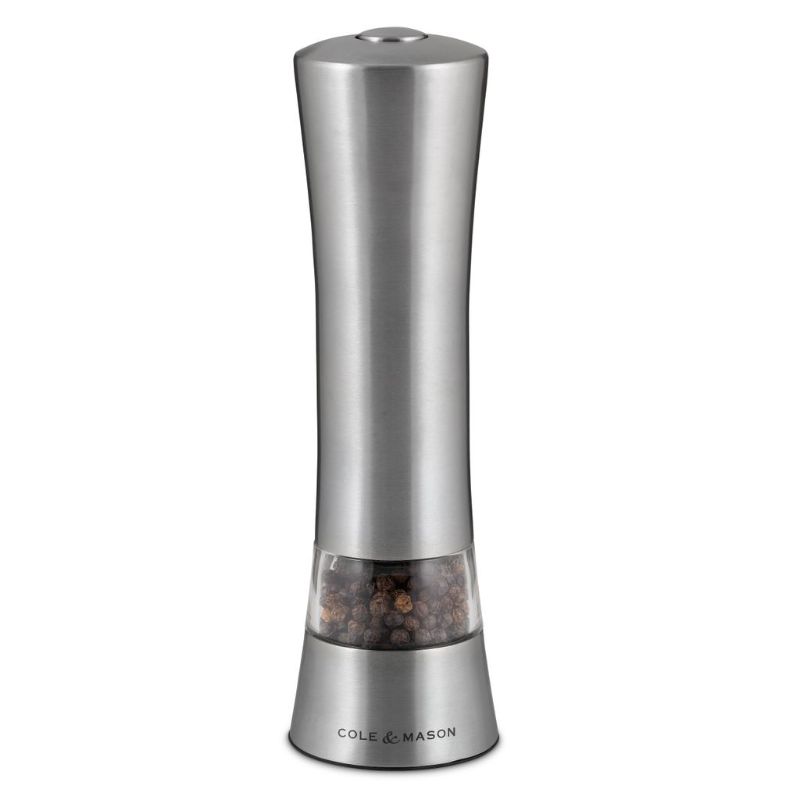 Brushed stainless steel electronic mill with one-handed operation, LED light, and adjustable ceramic grind for salt/pepper.