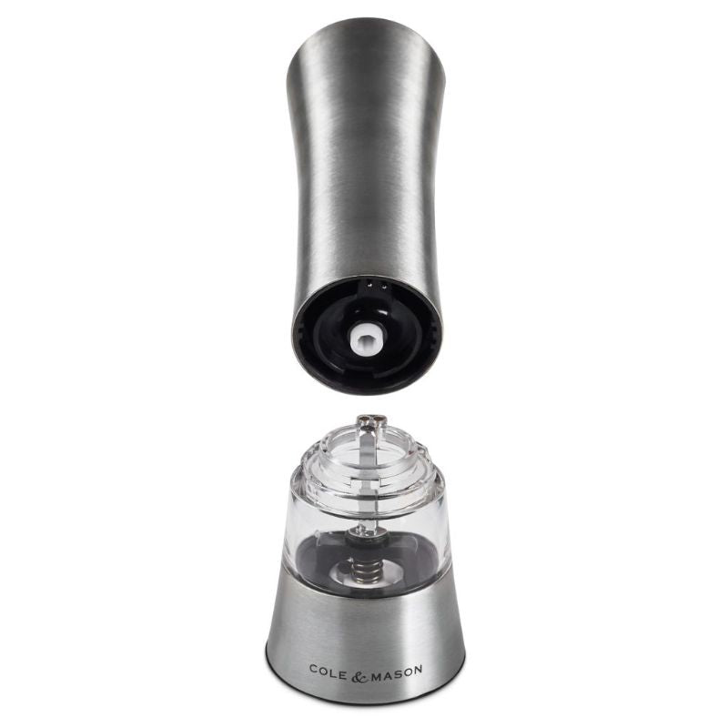 Brushed stainless steel electronic mill with LED light for quick seasoning and adjustable grind, 19.5cm tall.